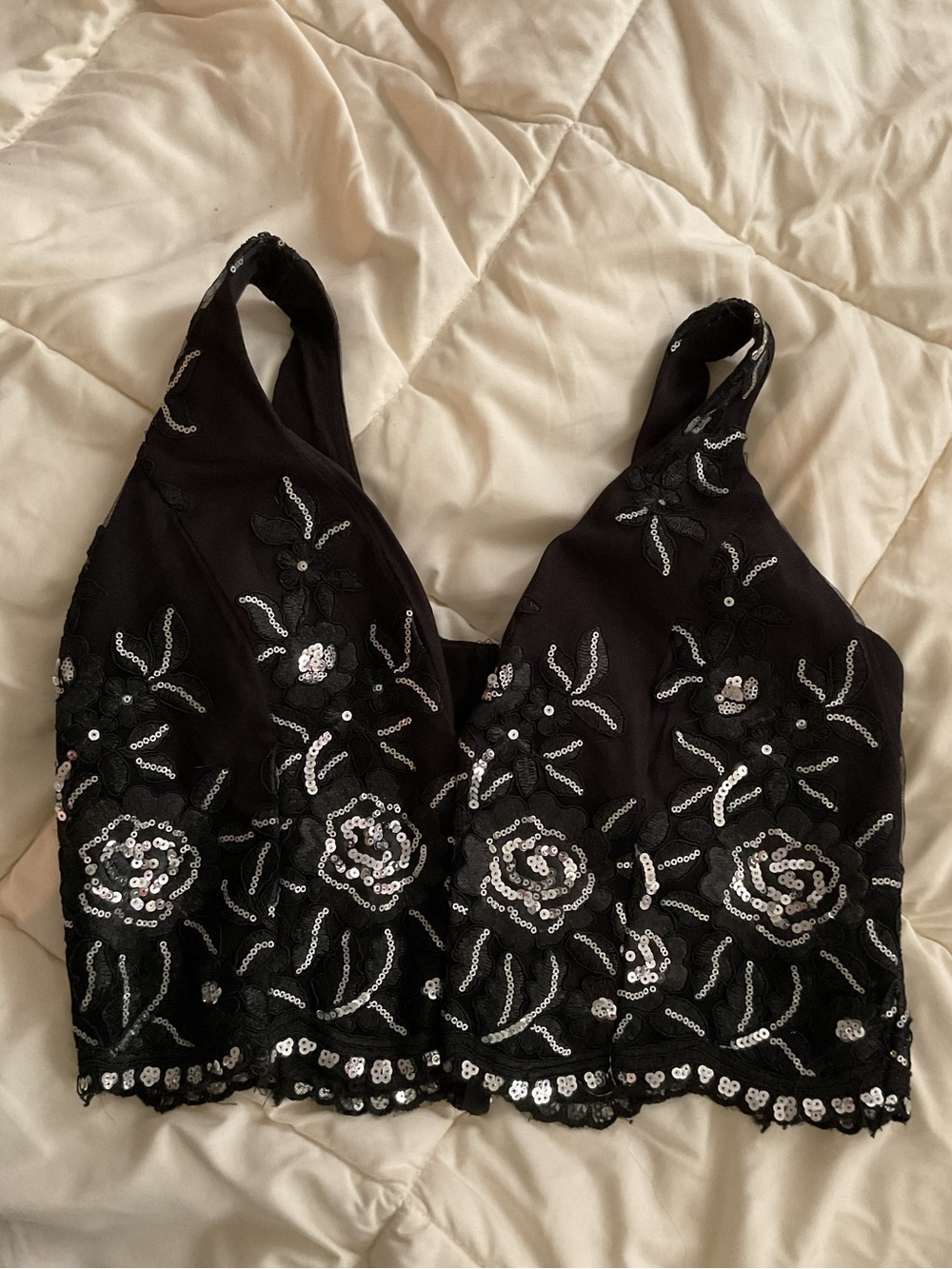 Crystal Doll Black Sequin Floral Crop Top